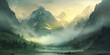 A serene sunrise scene with mist rolling through a mountainous valley, casting a warm glow over the landscape