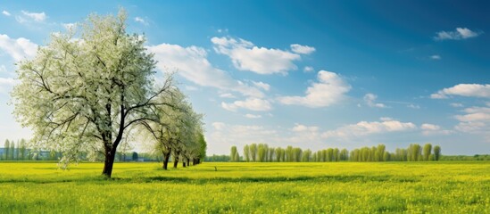 Poster - Young green spring foliage on trees, with fresh and bright leaves, set against a clear blue sky amidst a field of yellow flowers