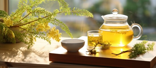 Fototapete - A glass cup filled with tea and a glass teapot sitting on a wooden tray, illuminated by warm sunlight, with space for text
