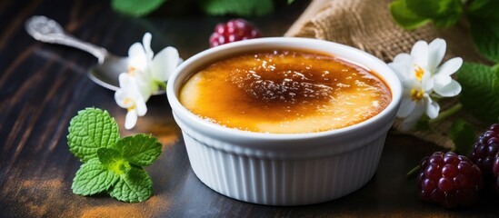 A delicious dessert of vanilla bean creme brulee topped with fresh berries and garnished with vibrant mint leaves