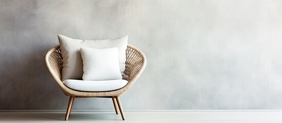 Poster - White pillow placed on a weave armchair against a neutral gray wall in a cozy room