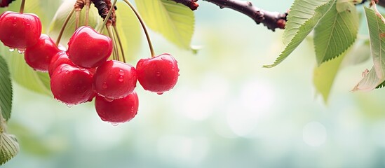 Poster - Clusters of mature red cherries covered in water droplets hanging from a tree branch