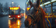 Enigmatic Horse Gazes at Urban Twilight Transit - A Surreal Banner Scene