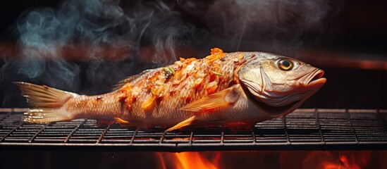 Poster - Fresh sea fish cooking on a grill with smoke rising, ready to be served and enjoyed with a squeeze of lemon