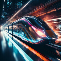 Poster - Futuristic train speeding through a neon-lit tunnel