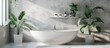 A white bath tub is placed next to two potted plants in a modern bathroom with white walls and a concrete floor. The bathtub is clean and empty, while the plants add a touch of greenery to the space.