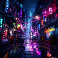 Sticker - Neon-lit cyberpunk alleyway. 