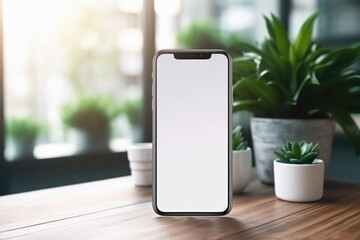 Smartphone mockup with blank screen on wooden table in cafe .