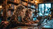 selective focus of cute little girls using laptop in library at night