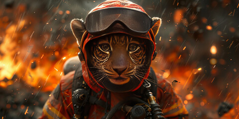 Wall Mural - Fierce Tiger-Headed Firefighter Braving the Inferno: Inspirational Banner Image