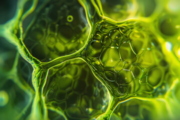 A close-up of vivid green biological cell structures under microscopic view.