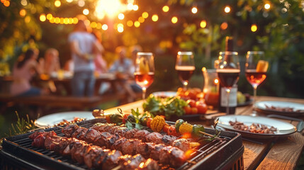 backyard dinner table have a tasty grilled bbq meat, salads and wine with happy joyful people on bac