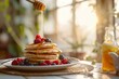 Sun-kissed buckwheat pancakes tower, drizzled with golden honey, adorned with plump berries, creating a cozy, inviting breakfast scene