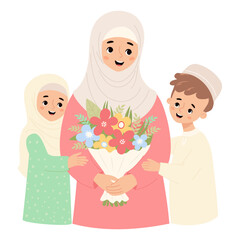 Wall Mural - Happy islamic family. Cute muslim woman mother in hijab with her children son and daughter with bouquet of flowers. Vector illustration. Festive happy ethnic characters