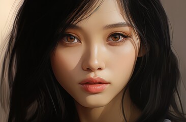 a close-up animated drawing of a young, beautiful Asian woman, her captivating features and allure captured in a headshot portrait.