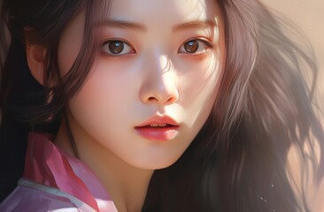 a close-up animated drawing of a young, beautiful Asian woman, her captivating features and allure captured in a headshot portrait.