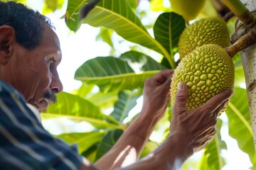 Canvas Print - a man inspecting breadfruit on a tree before harvesting