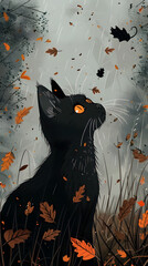 Wall Mural - a black cat with orange eyes is sitting in the grass surrounded by leaves