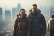 Urban Explorers Confront Hazy Skyline in Protective Masks Banner