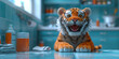 Adorable Miniature Tiger Roaming A Modern Turquoise Bathroom Banner