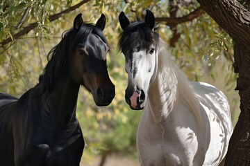 Canvas Print - two horses, one black and one white, side by side under a tree