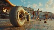 skateboard wheels close-up with removed skateboard, low angle from the floor, background features a bustling skatepark with skaters in a sunny
