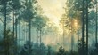 Envision a serene forest scene with tall, slender trees reaching towards a soft pastel sky.