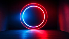 A Neon Red And Blue Circle, Light Illuminating On A Dark Background, Illustration.