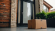 Delivered package placed in front of the entrance of a house or commercial building, business concept of deliveries, shipping, concept of a future of immediate fast deliveries