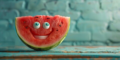 Delighted Watermelon Slice Happily Cooling Off on a Hot Summer Day with Playful Cartoon Eyes and Smile