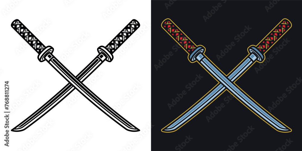 Katana crossed swords vector object or element in two styles black on ...