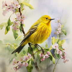 Poster - Yellow warbler on flowering branch,wc