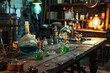 The old lab. The table of the alchemist. Laboratory table, stained with chemicals and poisons
