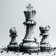 ajedrez en tres dimensiones con gotitas pringosas de tinta negra y con líneas de pintura negra sobre un fondo blanco