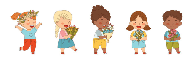 Wall Mural - Little Kids with Seasonal Flower Bouquet Vector Set