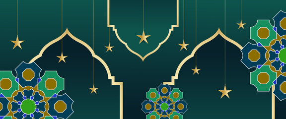 Wall Mural - Green blue and gold vector islamic ramadan kareem modern simple ramadan banner with lamp and mandala ornament. For greeting card, advertising, discount, poster, background and banner
