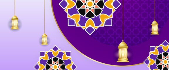 Wall Mural - Gold orange and purple violet ramadan kareem traditional islamic festival religious banner with lamp and mandala ornament. For greeting card, advertising, discount, poster, background and banner
