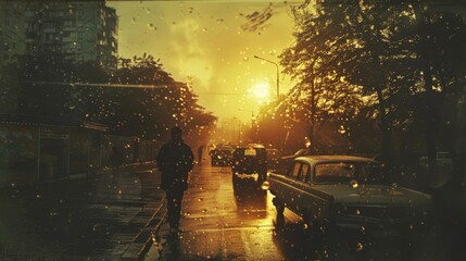 Wall Mural - old film nostalgia: essence of an old, grainy film photograph with a modern scene.