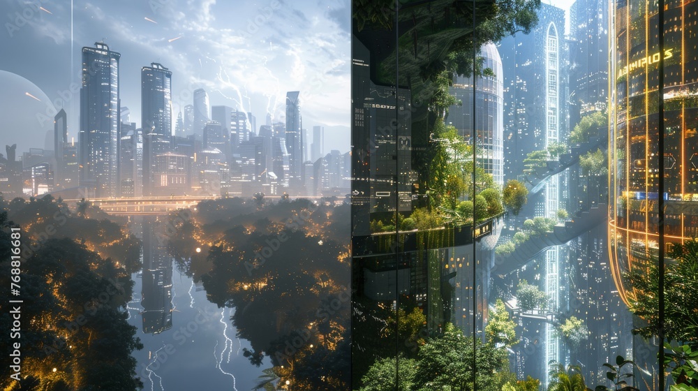 One side depicting a sleek, futuristic cityscape, while the other shows ...