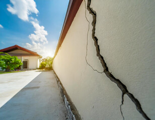 Wall Mural - Cracks on white wall house in the cement facade caused by subsidence of ground