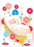 Fototapeta Do akwarium - composition with a sleeping baby surrounded by colorful flowers