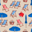 Summer beach set. Beach chairs, wooden deck chair, sun umbrella, picnic basket, sunbed. Hand drawn Vector illustration. Square seamless Pattern. Background, wallpaper. Vacation, relax, holiday concept