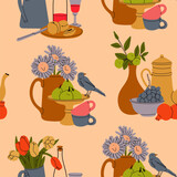 Fototapeta Pokój dzieciecy - Classical still life pictures set. Flowers in vase, fruits on plate, bottle with drink. Hand drawn colorful Vector illustration. Square seamless Pattern, background, wallpaper