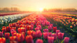 Endless rows of bright tulips stretching towards the horizon under a captivating golden hour sky