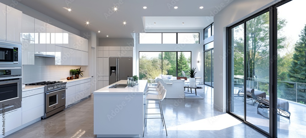 Interior of modern minimalist white kitchen. Flat glossy facades ...