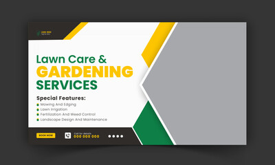 Organic food and agriculture service YouTube video thumbnail design, modern lawn mower garden, or landscaping service social media cover or post template with abstract green and yellow color shapes