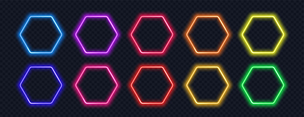Wall Mural - neon hexagon frame isolated on black background. glowing colorful button. design element in futurist