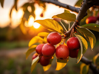 Wall Mural - Image of a flourishing cherry orchard with vibrant leaves. Golden hour in the evening.