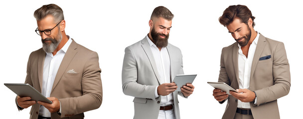 Collection of handsome businessman using his tablet standing on a transparent or white background