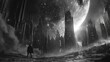 Black and white ruined alien city on a foreign world